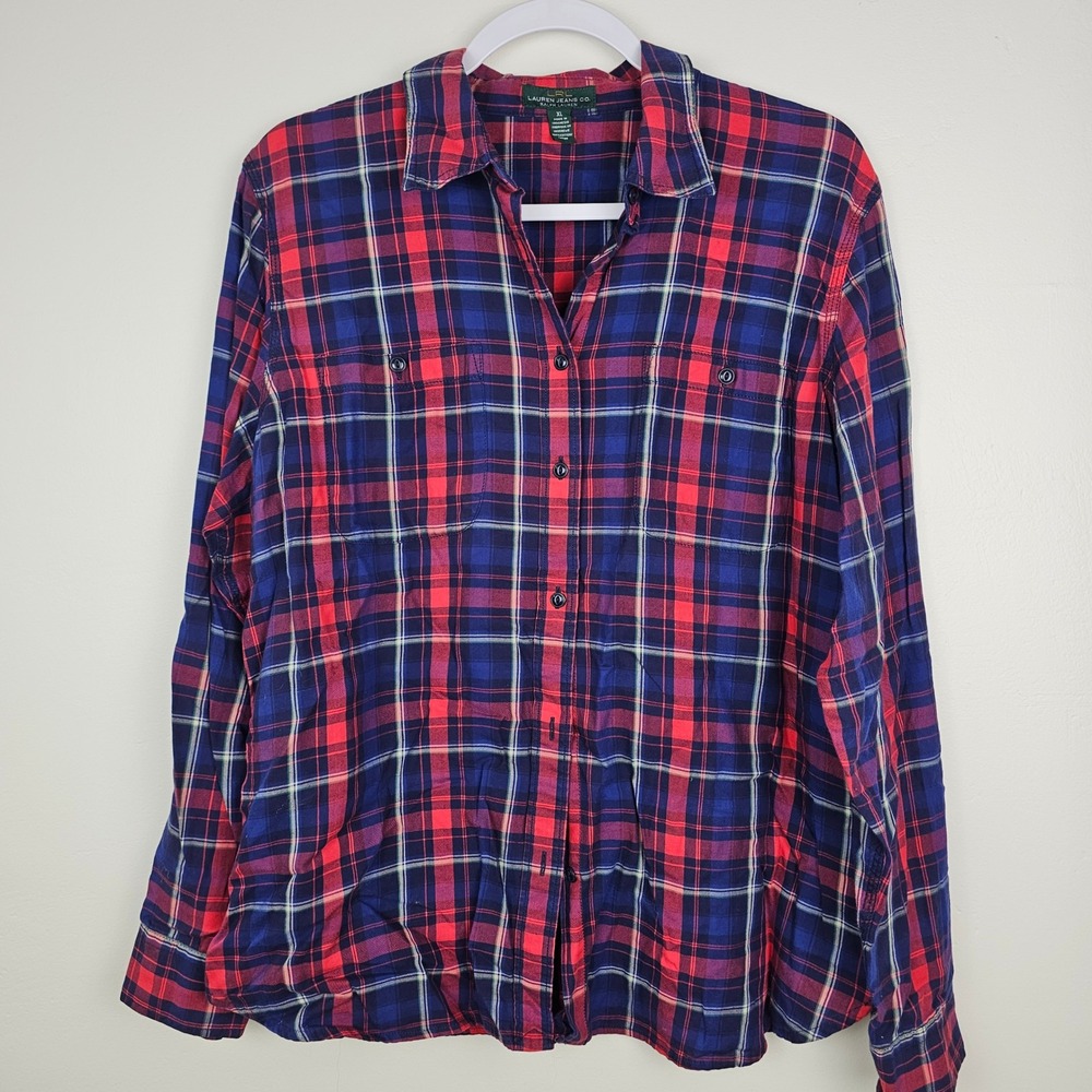 Lauren Ralph Lauren Shirt Women XL Red Blue Plaid Button Down Flannel Cotton